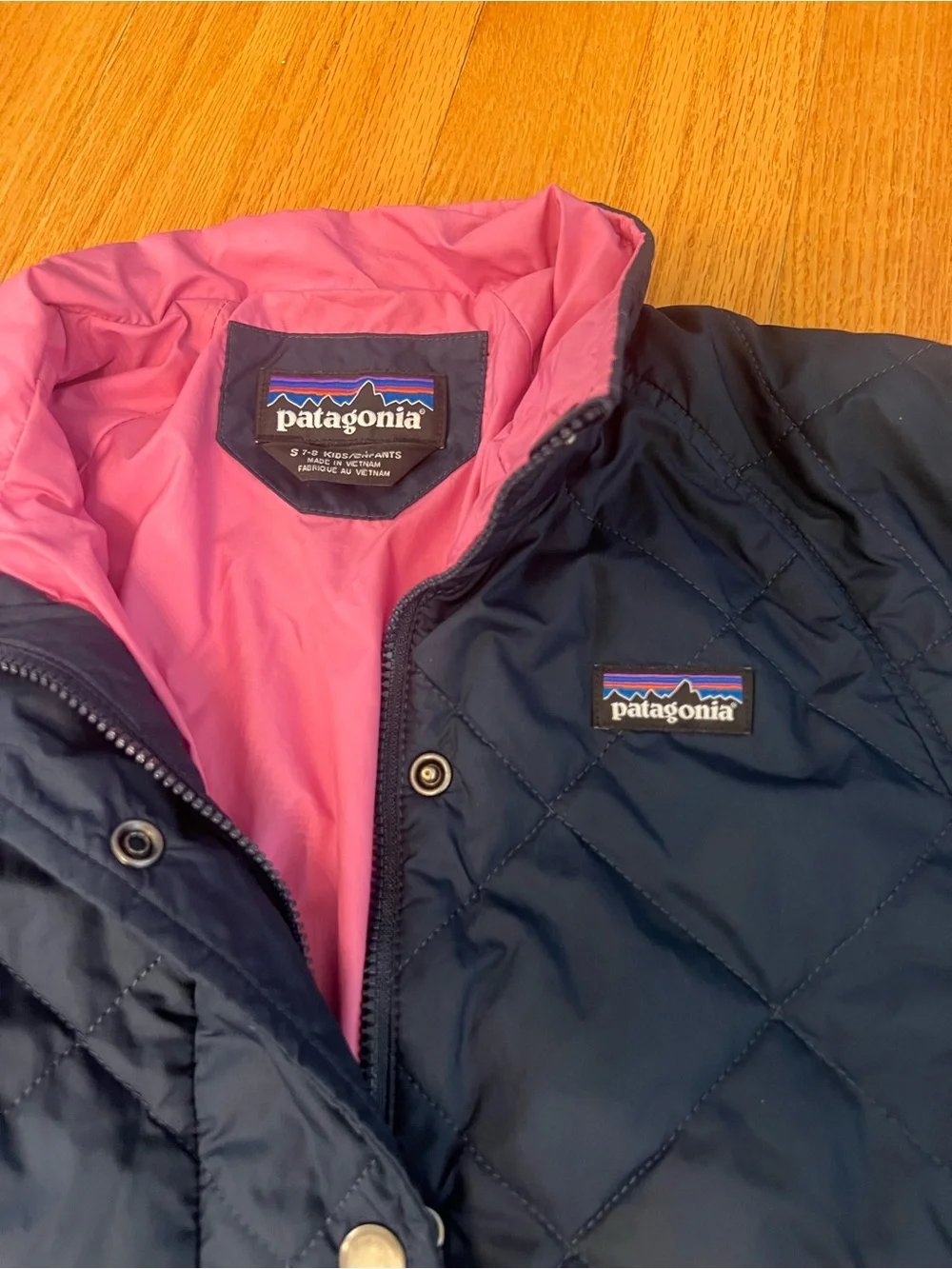 Patagonia Kids Quilted Navy Puffer with Pink Lining jacket